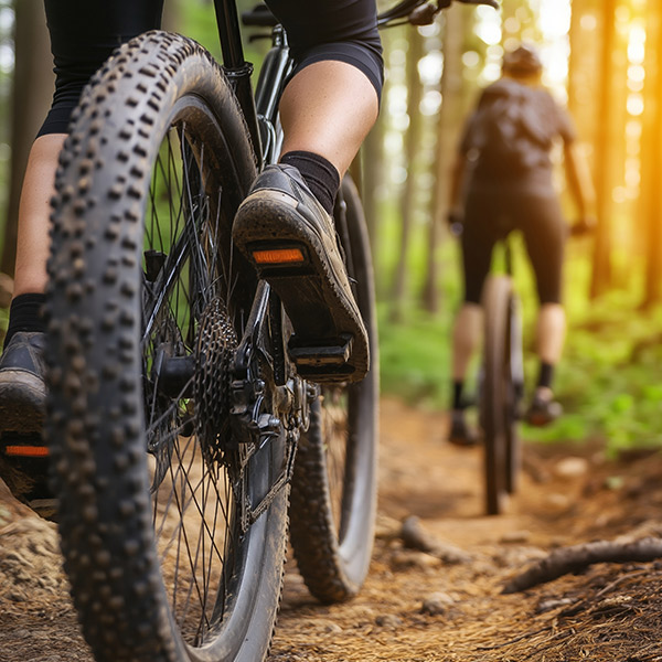 Das Bild zeigt zwei Mountainbiker, die einen Waldweg entlangfahren, wobei der Fokus auf dem Vorderrad des vorderen Fahrrads liegt und die zweite Person im Hintergrund leicht unscharf ist.